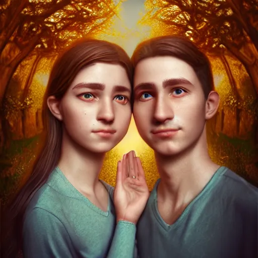 Image similar to abbstract surreal perfectly centered symmetrical split male and female portrait of man and woman in love sharing one heart ; 3 d render by lilia alvarado, photorealistic, highly detailed ; octane ; unreal engine ; trending on artstation