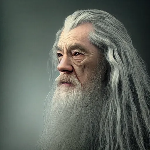 Prompt: a still from “ lord of the rings ” of a head and shoulders portrait of gandalf played by lu ting chu, photo by phil noto