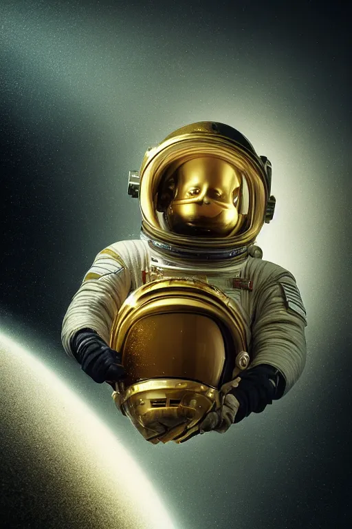 Image similar to extremely detailed studio portrait of space astronaut, helmet off, helmet on lap, full body, soft light, golden glow, award winning photo by michal karcz and yoshitaka amano