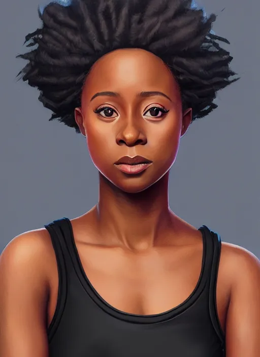 Image similar to 3/4 portrait of Kirby Howell-Baptiste wearing a modern black tank top, art nouveau, D&D, fantasy, elegant, highly detailed, digital painting, artstation, concept art, matte, sharp focus, illustration, art by Artgerm and Greg Rutkowski and WLOP