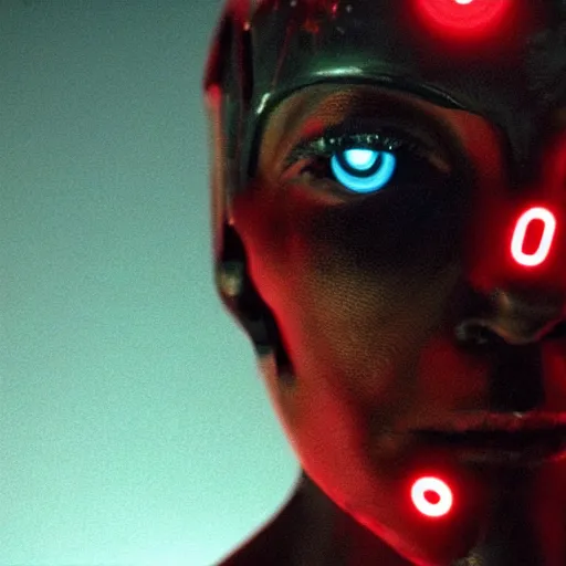 Image similar to movie still of cyborg with glowing third eye, cinematic composition, cinematic light, criterion collection, by david lynch