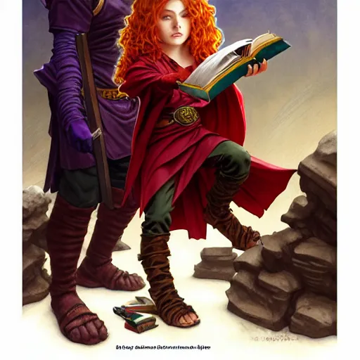 Image similar to an epic fantasy comic book style painting of a young red headed girl with a book in one arm meeting a young boy thief with blonde wearing plain brown leather thief clothes, d & d, fantasy, intricate, elegant, highly detailed, digital painting, artstation, concept art, matte, sharp focus, illustration, art by artgerm and greg rutkowski and alphonse mucha