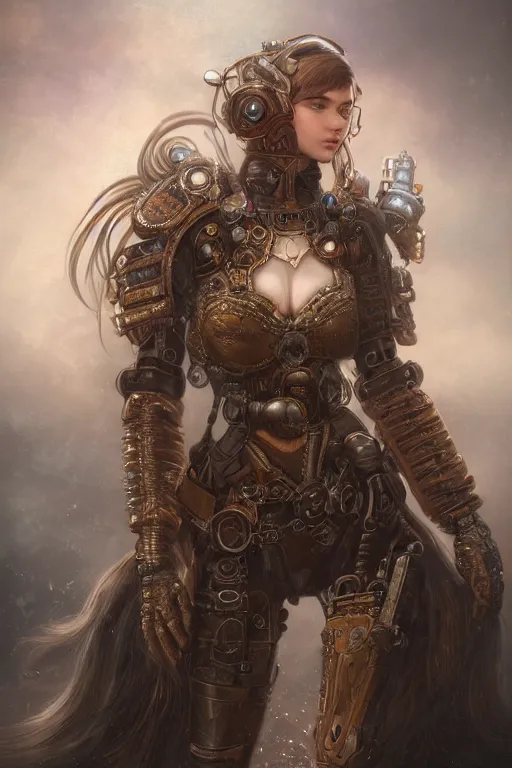 Prompt: ultra realist and ultra intricate detailed soft painting of a beautiful mechwarrior girl in steampunk armor, thin lustrous hair, symmetry features, sensual gloomy style, soft painting, volumetric clouds, fantasy background, artstation, Tom Bagshaw artstyle, unreal render