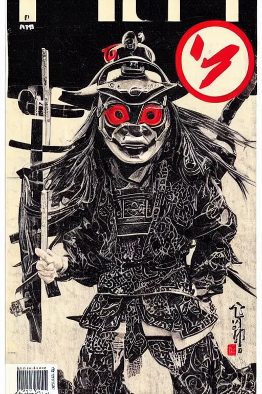 Prompt: 1 9 7 9 omni magazine cover of hiroyuki sanada in a samurai hat and oni half - mask. piercing gaze. simple stylized cyberpunk photo by josan gonzalez.