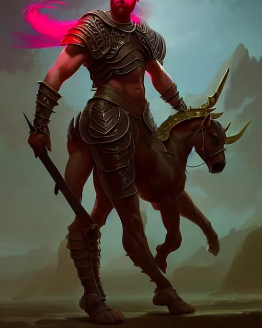 Prompt: matte fantasy painting of a centaur!!! DnD character portrait, by Greg Rutkowski, male, plate armored chest, sword, vibrant colors, DeviantArt Artstation cgscosiety, cinematic lighting, 8k.