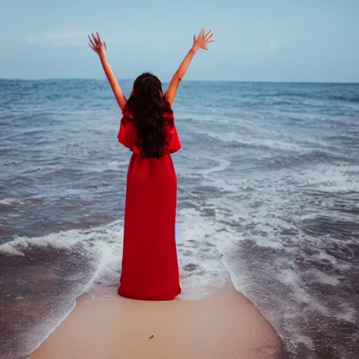 Image similar to woman with waving long hair, satin red dress, waist deep in the ocean, back view, first person view
