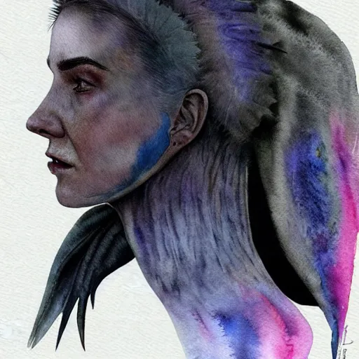 Image similar to full body detailed watercolor illustration of alien jennifer connelly mixed with anya taylor - joy, reading a book, unsettling, hooded long black feathered cloak, uncanny valley, with black feathers instead of hair, gothic, guillermo del toro, gray mottled skin, pale and sickly, profile view, - - ar 9 : 1 6