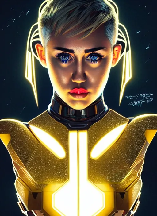 Image similar to symmetry!! portrait of miley cyrus, gold sci - fi armour, tech wear, glowing lights!! sci - fi, intricate, elegant, highly detailed, digital painting, artstation, concept art, smooth, sharp focus, illustration, art by artgerm and greg rutkowski and alphonse mucha