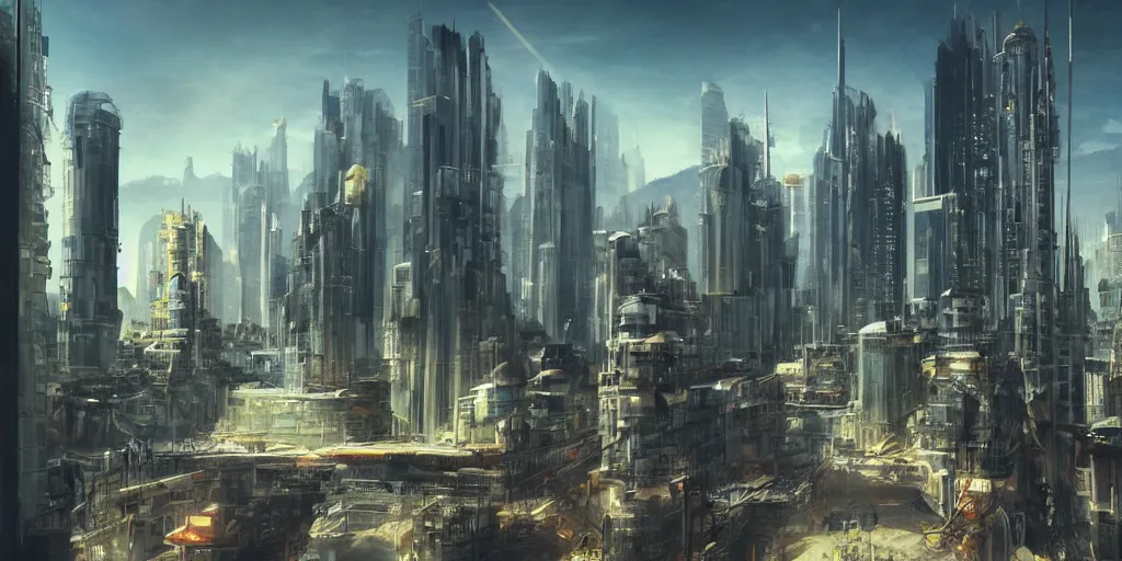 Prompt: sci - fi dense city in a sunken pit, mountains, enormous skyscrapers, metal plastic