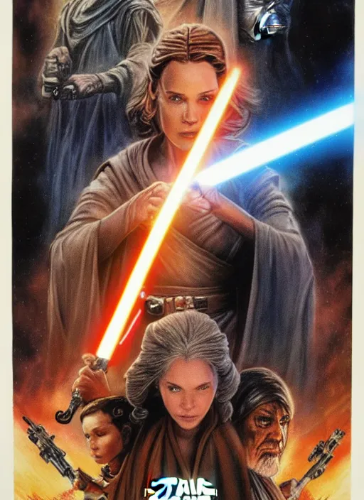 Prompt: movie poster by iain mccaig and magali villeneuve and drew struzan, a beautiful woman jedi master, highly detailed. star wars expanded universe, she is about 2 0 years old, wearing jedi robes. rancor. aliens. explosions.