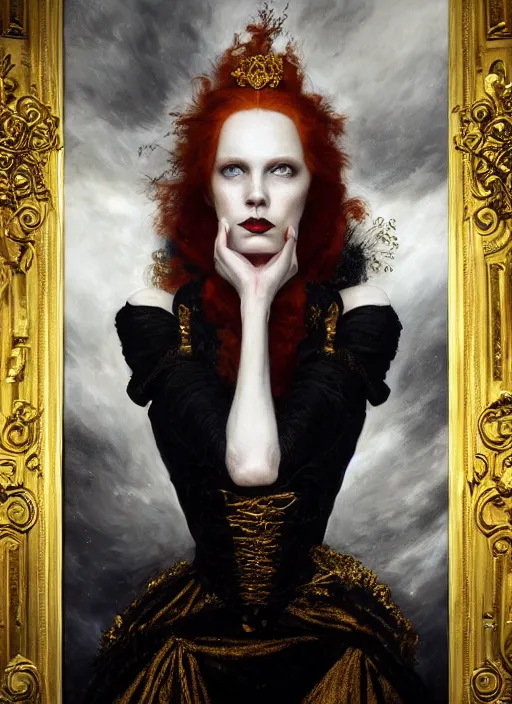 Image similar to highly detailed oil painting | very intricate | cinematic lighting | black, white and gold color scheme, dark background | the redhead princess of fire dressed by alexander mcqueen | by roberto ferri, by tom bagshaw, by singer sargent and klimt, american romanticism, occult art | by austin osman spare, artstation, cgsociety, official art, octane