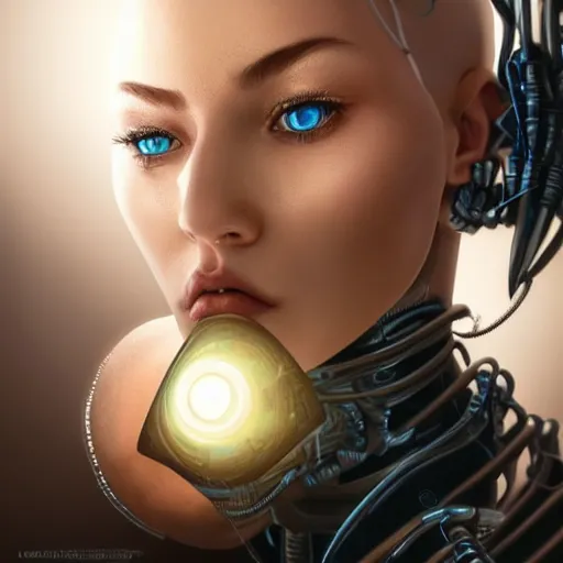 Image similar to a realistic detailed beautiful portrait of a cybernetic woman,glowing orb in her mouth, cyberpunk concept art, digital art, highly detailed, intricate, sci-fi, sharp focus, Trending on Artstation HQ, deviantart, unreal engine 5, 4K UHD image, hyperrealistic, photorealistic, art by artgerm and greg rutkowski and alphonse mucha