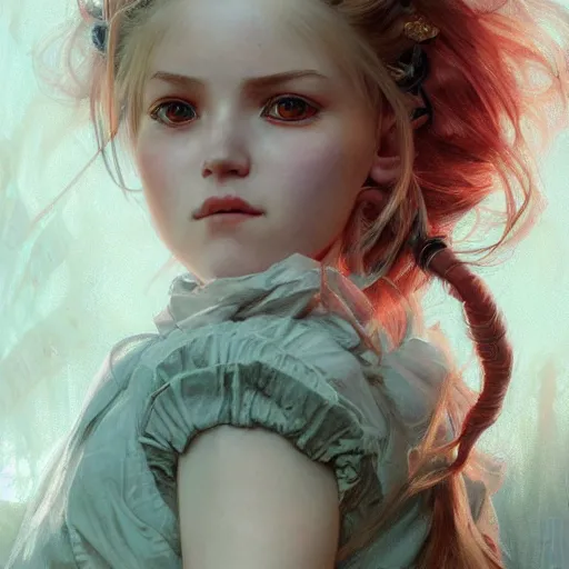 Image similar to portrait of a young girl with blond twin tail hair and red eyes, ultra realistic, concept art, intricate details, eerie, highly detailed, photorealistic, octane render, 8 k, unreal engine. art by artgerm and greg rutkowski and alphonse mucha