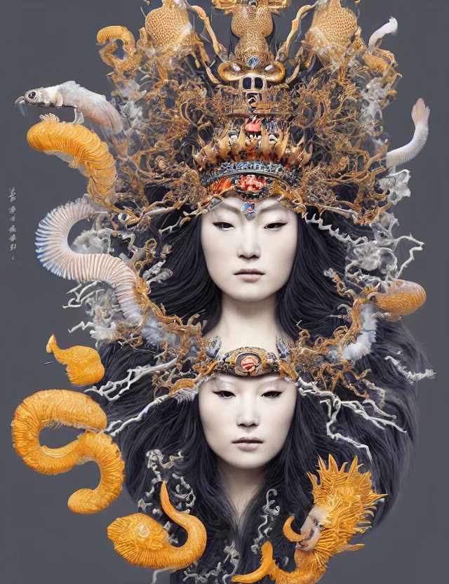 Image similar to 3 d goddess close - up profile portrait with crown, ram skull. beautiful intricately detailed japanese crow kitsune mask and clasical japanese kimono. betta fish, jellyfish phoenix, bio luminescent, plasma, ice, water, wind, creature, artwork by tooth wu and wlop and beeple and greg rutkowski