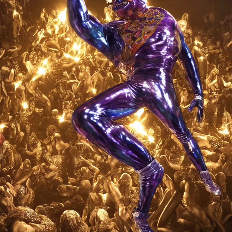 Prompt: octane render portrait by wayne barlow and carlo crivelli and glenn fabry, a giant muscular luchador wrestler wearing iridescent metallic pants and mask, leaping through the air inside a crowded rowdy arena, cinema 4 d, ray traced lighting, very short depth of field, bokeh