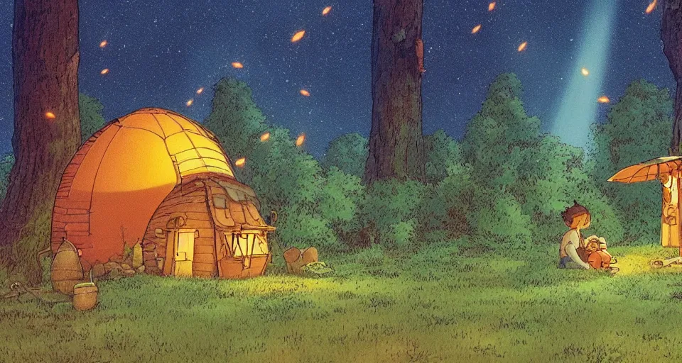 Prompt: beautiful wide shot cozy hut in the forest near river with fireflies , studio ghibli, Miyazaki, studio ghibli, Jean girard, Moebius , animation, golden hour, highly detailed, 70mm