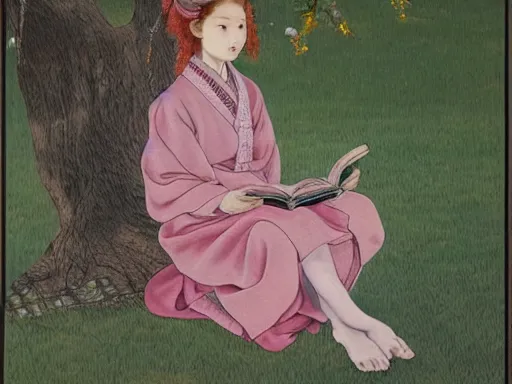 Image similar to beautiful little girl with long curly red hair dressed in a pink kimono and sitting next to a tree while reading a book, artwork made by ayami kojima, inspired in balthus, anatomically correct, higher details, realistic