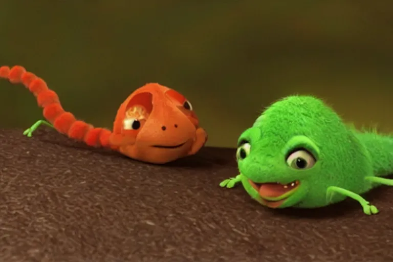 Image similar to disney pixar's a bug's life, cgi caterpillar colorful, furry caterpillar