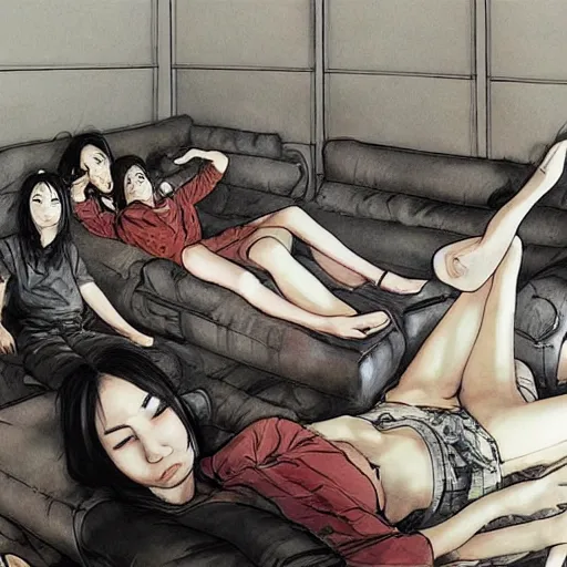 Image similar to a huge smoky room filled with females lounging on couches, artist kim jung gi,