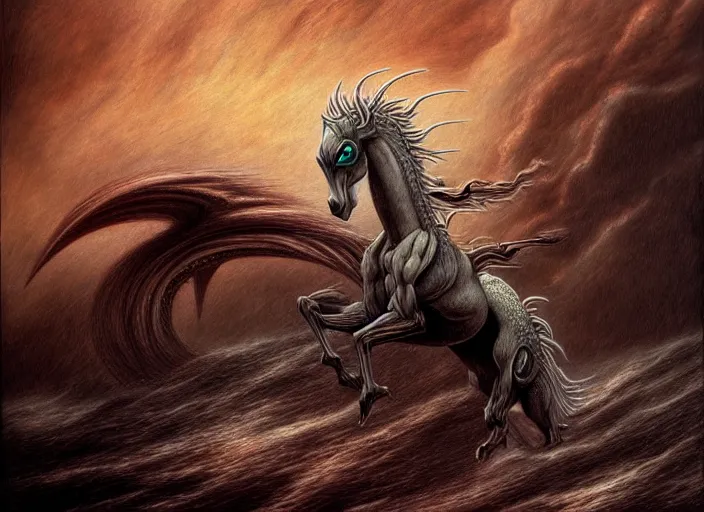 Image similar to realistic detailed image of a female horse-dragon-cyborg-android, brown hair blowing in an angry and stormy moody atmosphere, running wildly, anime art, anime, impressionistic gothic, rich deep colors, inspired by H.R. Giger and Zdzislaw Beksinski and Mark Ryden, a masterpiece, matte painting, digital art, trending on artstation.