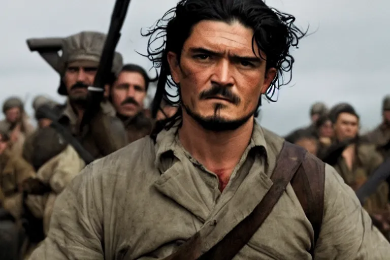 Image similar to Orlando Bloom as Che Guevara in 'Guevara' (2008), movie still frame, promotional image, imax 70 mm footage, oscar nominated cinematography, volumetric lighting, 8k resolution