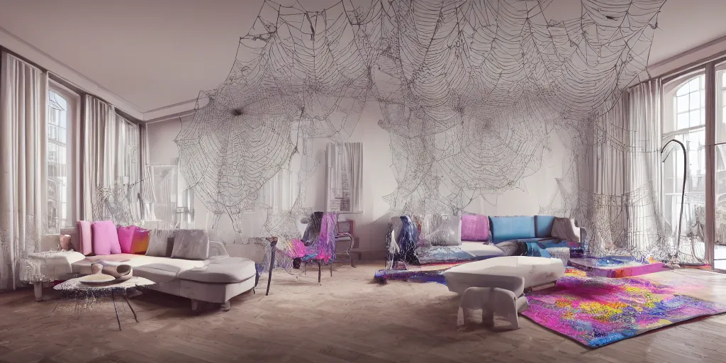 Prompt: a modern indoor room covered with insanely detailed spiderweb and mycelia, splahing colorfull liquid oilpaint drips, clean architecture, pastel colored, baroque, a couch, a couch table, daylight, peaceful, 8 k, octane render