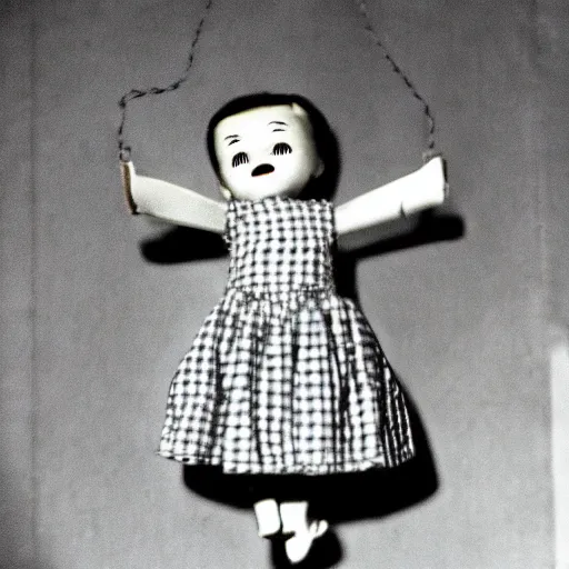 Image similar to 1 9 5 0 s, children toys on strings, fear, doll phobia, horror, jump scare, pov, polaroid,