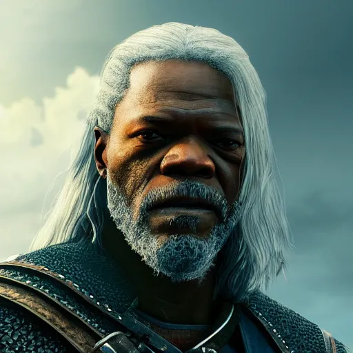 Prompt: closeup portrait of samuel jackson as geralt in the witcher, city background, dramatic light, gorgeous view, depth, high detail, digital art, concept art painted by greg rutkowski and seb mckinnon, neuromancer, trending on artstation