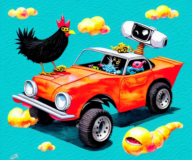 Image similar to cute and funny, black chicken wearing goggles driving a tiny hot rod with an oversized engine, ratfink style by ed roth, centered award winning watercolor pen illustration, isometric illustration by chihiro iwasaki, edited by craola, tiny details by artgerm and watercolor girl, symmetrically isometrically centered