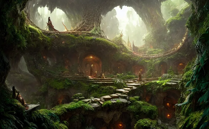 Prompt: worm's eye view of a elven headquarters carved inside a mountain above a lush garden, neat and tidy, magical, natural light, fantasy, sharp focus, concept art, by greg rutkowski and craig mullins, cozy atmospheric and cinematic lighting, trending on artstation