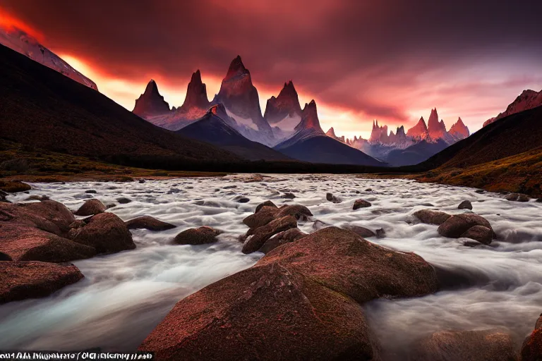 Image similar to moody landscape photographhy by marc adamus, patagonia, mountains, a river, sunset