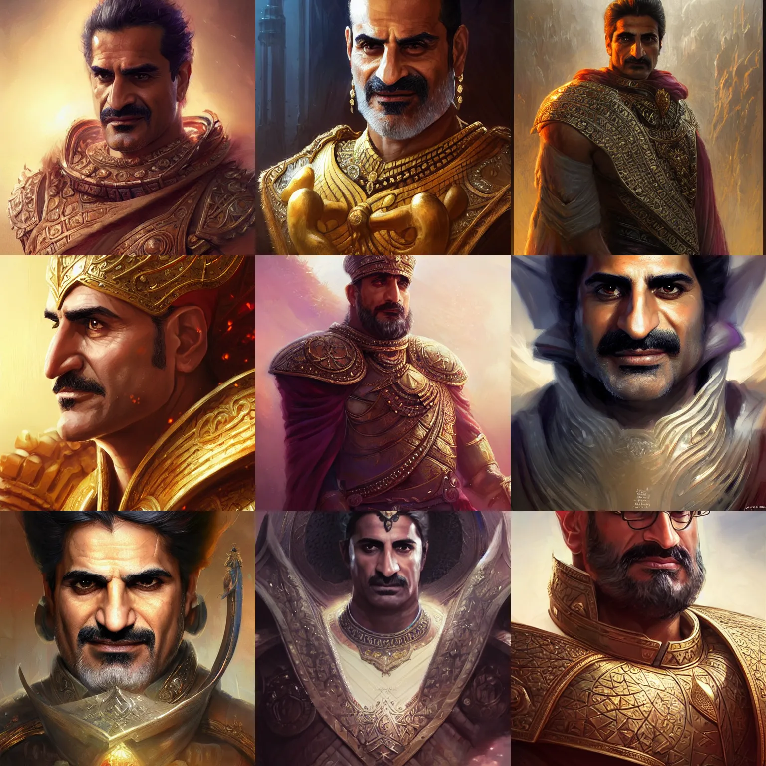 Prompt: persian god - emperor, navid negahban, d & d, fantasy, art by artgerm and greg rutkowski and magali villeneuve, portrait, highly detailed, digital painting, trending on artstation, concept art, sharp focus, illustration