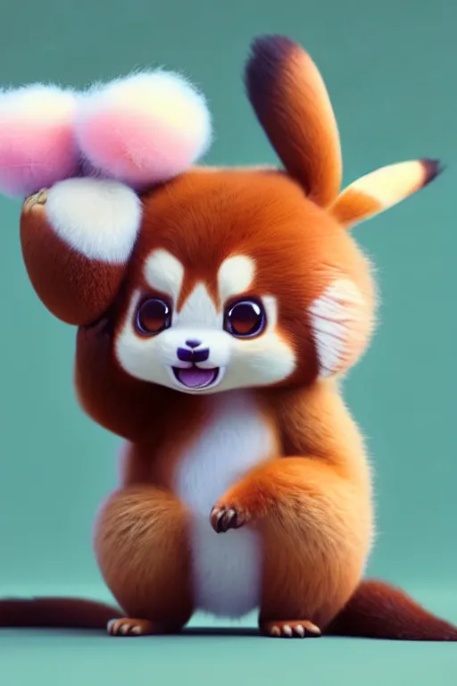 Prompt: high quality 3 d render hyperrealist very cute pastel fluffy! red panda & tarsier hybrid eating giant ice cream full body, vray smooth, in the style of detective pikachu, hannah yata charlie immer, very dramatic light, low angle, uhd 8 k, shallow depth or field