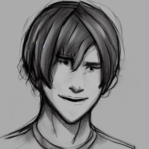 Image similar to sketch of a smiling teenage boy with very short side part hair smiling trending on artstation