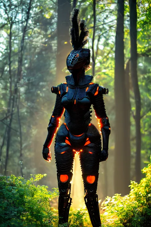 Image similar to hyperrealistic long shot mithra gorgeous black woman intricate exoskeleton armor in a forest sun behind her concept art eric zener elson peter cinematic orange light low angle hd 8k sharp rack focus