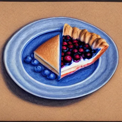 Prompt: Colored pencil art on paper, Blueberry pie slice on a plate, highly detailed, artstation, MasterPiece, Award-Winning, Caran d'Ache Luminance