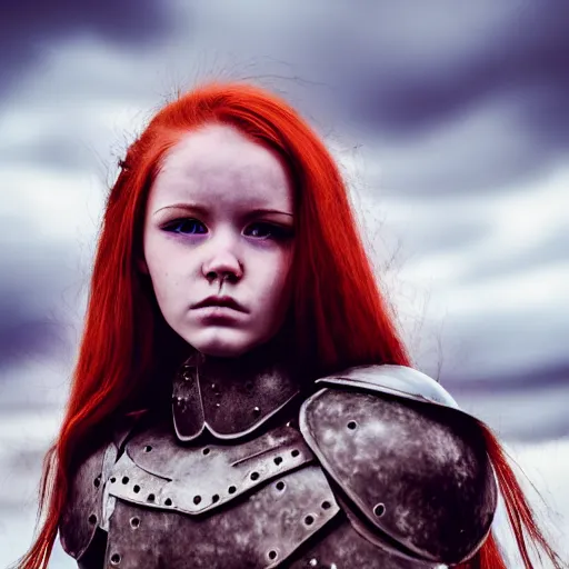 Prompt: north girl, warrior, red hair, fantasy, high detailed, photography, cloudy, lightweight armor, Scandinavia, plain, Authentic, detailed face, spear in hand