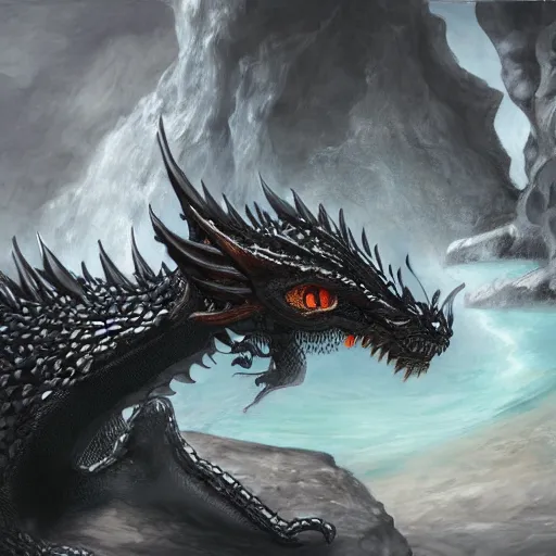 Image similar to ! dream a black dragon sitting, highly detailed oil painting of a hotspring in cave, featured on artstation