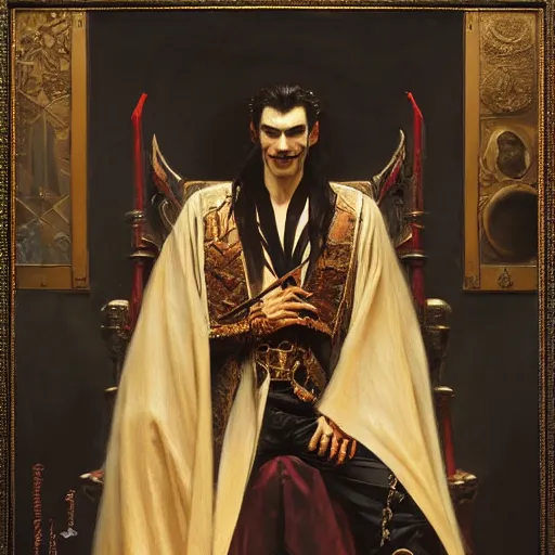 Image similar to perfectly centered portrait of attractive vampire king in a robe sitting on a throne of bones, highly detailed painting by gaston bussiere, craig mullins, j. c. leyendecker, 8 k