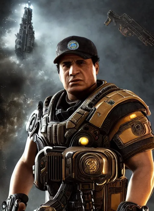 Image similar to muammar kadhafi in gears of war, splash art, movie still, detailed face, cinematic lighting, dramatic, octane render, long lens, shallow depth of field, bokeh, anamorphic lens flare, 8 k, hyper detailed, 3 5 mm film grain