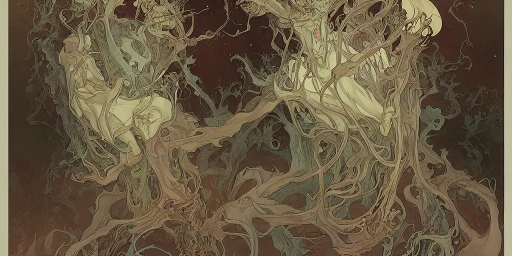 Image similar to epic concept illustration of a fungus demon, by james jean, by artgerm and greg rutkowski and alphonse mucha. uhd, amazing depth, cinematic lighting, glossy wet levitating floating fungus god with arms outstretched.