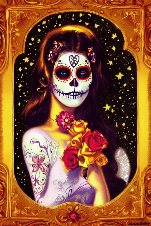 Prompt: Illustration of a sugar skull day of the dead girl, art by Delphin Enjolras