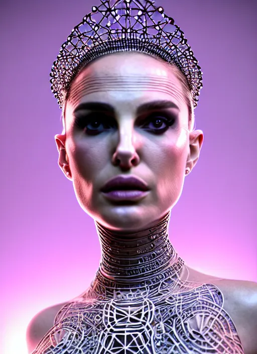 Image similar to portrait photograph of an absurdly beautiful, graceful, sophisticated, fashionable futuristic woman, facial piercings, natalie portman, heavy body modification, facial tattoos, prosthetic implants, hyperdetailed by popovy sisters, intricate linework, white porcelain skin, faberge, intricate chrome headdress, dark atmosphere, unreal engine 5 highly rendered, global illumination, radiant light, detailed and intricate environment