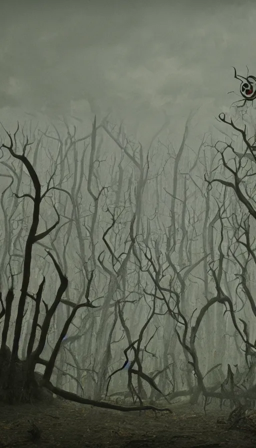 Image similar to a storm vortex made of many demonic eyes and teeth over a forest, by wes anderson,