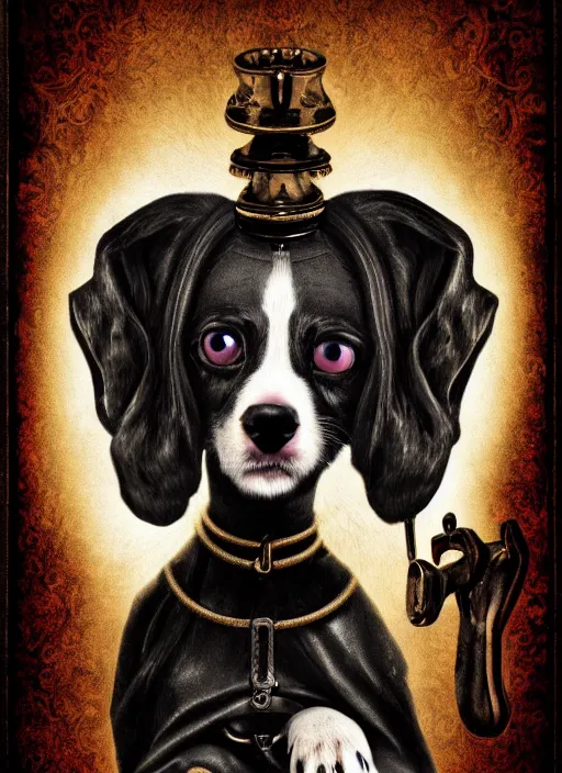 Prompt: the puppy, a character portrait by master of the legend of saint lucy, movie poster, pixabay contest winner, gothic art, grotesque, demonic photograph, macabre