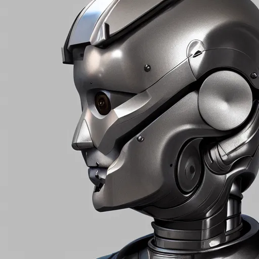 Image similar to an amazing robot-helmet, robotic head-bust portrait, of a sci-fi, human robot hybrid with weaponized systems built into the 3d helmet, cgi, zbrush, blender, octane render