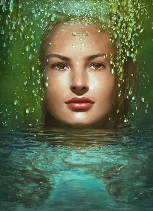 Image similar to A beautiful closeup portrait of a woman fully submerged ecxept of the top of his head, excited look in her eyes, water reflection, in style of frontiers in a spring water fall surrounded by greenery, highly detailed, soft lighting, elegant,sigma 85mm, shallow depth of field, Edward Hopper and James Gilleard, Zdzislaw Beksinski, Steven Outram, highly detailed