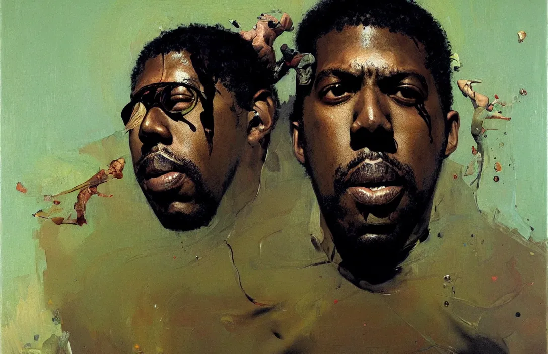 Image similar to portrait of flying lotus!!!!!!!!!!!!!!!!!!!!!!!!!!!, detailed face, detailed painting,, epic lighting, by ilya repin, phil hale and kent williams