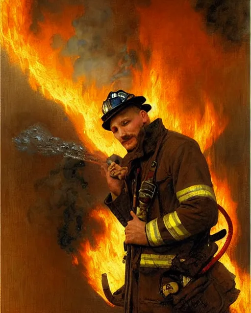 Image similar to tom hardy as a firefighter at a burning nyc building, smoke and flames, painting by gaston bussiere, craig mullins, j. c. leyendecker