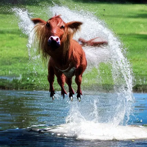 Prompt: a moomoo doing a boingboing over the splish splash